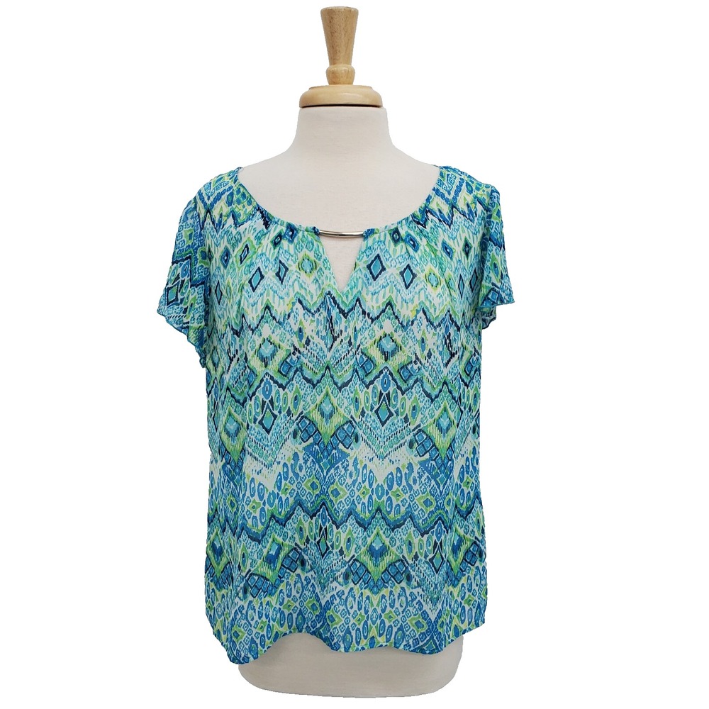 Zac & Rachel Womens Flutter Sleeve Keyhole Neck Blouse Top Size XL Blue Green